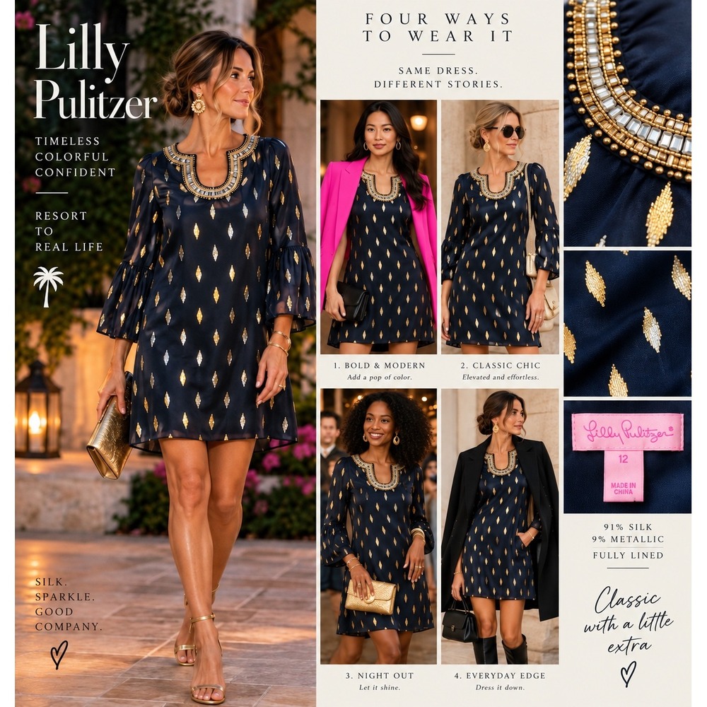 Lilly Pulitzer Navy Silk Metallic Gold Beaded Shift Dress Tunic Bell Sleeve 12